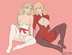 Rule 34 | 2girls, absurdres, blonde hair, blue eyes, bodysuit, boots, breasts, breasts out, catherine, catherine (game), cosplay, costume switch, crossover, drill hair, female focus, high heel boots, high heels, highres, kalruna, multiple girls, nipples, panties, persona, persona 5, takamaki anne, thigh boots, thighhighs, trait connection, twintails, underwear, white panties