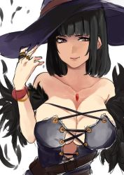 Rule 34 | 1girl, akit (15jamjam), bad id, bad twitter id, bare shoulders, black hair, breasts, cleavage, feathers, female focus, hat, jewelry, large breasts, looking at viewer, purple eyes, ring, short hair, simple background, sketch, solo, upper body, white background, witch hat