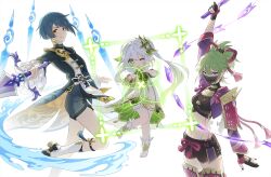 Rule 34 | 1boy, 2girls, angduuuu (ghost), armor, black gloves, bloomers, blue hair, breasts, commentary, dress, english commentary, finger frame, frills, genshin impact, gloves, green hair, hair ornament, highres, holding, holding sword, holding weapon, japanese armor, japanese clothes, jewelry, kuki shinobu, long hair, looking at viewer, mask, medium breasts, mouth mask, multicolored hair, multiple girls, nahida (genshin impact), ninja mask, one eye closed, orange eyes, partially fingerless gloves, pointy ears, ponytail, purple eyes, shorts, side ponytail, simple background, sword, underwear, vision (genshin impact), weapon, white background, white bloomers, white dress, xingqiu (genshin impact)
