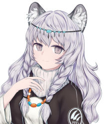Rule 34 | 1girl, animal ear fluff, animal ears, arknights, bead necklace, beads, braid, commentary, grey eyes, hand up, head chain, highres, jewelry, leopard ears, long hair, long sleeves, looking at viewer, necklace, pramanix (arknights), silver hair, simple background, smile, solo, turtleneck, twin braids, upper body, white background, yolandabaka