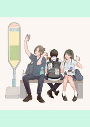 Rule 34 | 1girl, 2boys, absurdres, animal, animal on lap, backpack, bag, bookbag, brown footwear, brown hair, bus stop, cat, cup, disposable cup, drinking straw, gift, highres, knees together feet apart, macaronk, mouth hold, multiple boys, on lap, original, sharing food, shirt, shoes, short sleeves, smile, socks, taking picture, white shirt