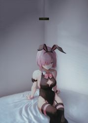 Rule 34 | 1girl, absurdres, alternate costume, animal ears, bad id, bad pixiv id, black leotard, black thighhighs, bracelet, breasts, cleavage, cleavage cutout, clothing cutout, collarbone, covered navel, detached collar, evrlstinq, fake animal ears, fate/grand order, fate (series), hair over one eye, hairband, highleg, highleg leotard, highres, jewelry, large breasts, leotard, light purple hair, looking at viewer, mash kyrielight, playboy bunny, purple eyes, rabbit ears, short hair, solo, thighhighs, thighs