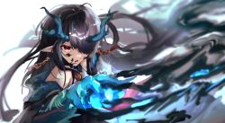 1girl absurdres aqua_horns arknights black_hair colored_skin dragon_girl dragon_horns dusk_(arknights) earrings gradient_skin green_horns green_skin highres horns ink jewelry multicolored_hair necktie pointy_ears red_eyes red_necktie souhou_kou streaked_hair tassel tassel_earrings