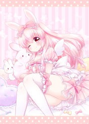 Rule 34 | 1girl, animal ears, blush, bow, breasts, chiika (cure cherish), choker, dress, frilled dress, frills, hair bow, highres, holding, large breasts, letterboxed, looking at viewer, lying, one eye closed, original, pink dress, pink eyes, pink hair, puffy short sleeves, puffy sleeves, rabbit, rabbit ears, short dress, short sleeves, smile, thighhighs, two side up, wings, zettai ryouiki