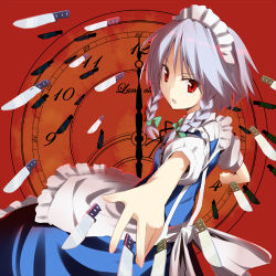 Rule 34 | 1girl, apron, blue dress, blush, braid, dagger, dress, female focus, gotyou, izayoi sakuya, knife, looking at viewer, lowres, maid, maid apron, maid headdress, outstretched arms, red eyes, shaded face, short hair, silver hair, solo, touhou, twin braids, waist apron, weapon
