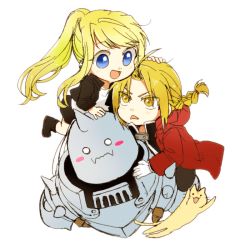 Rule 34 | 1girl, 2boys, :&lt;, :3, :d, alphonse elric, animal, armor, black jacket, black shirt, blonde hair, blouse, blue eyes, blush, blush stickers, boots, braid, braided ponytail, brothers, cat, chibi, coat, commentary, edward elric, eyelashes, floating hair, frown, fullmetal alchemist, gloves, helmet, jacket, looking at another, multiple boys, open mouth, ponytail, red coat, shirt, siblings, simple background, smile, symbol-only commentary, tsukuda0310, v-shaped eyebrows, white background, white gloves, white shirt, winry rockbell, yellow eyes