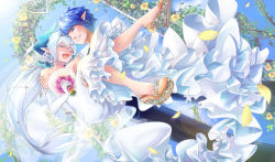Rule 34 | absurdres, arch, blue eyes, blue hair, blurry, bouquet, bridal veil, bride, ciel (elsword), dated, day, depth of field, dress, elsword, falling leaves, floral arch, flower, gloves, happy, highres, holding, holding bouquet, leaf, long hair, luciela r. sourcream, noblesse (elsword), outdoors, pointy ears, royal guard (elsword), servati, tears, veil, very long hair, wedding, wedding dress, white hair