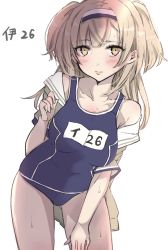 Rule 34 | 1girl, beige jacket, blue one-piece swimsuit, brown eyes, character name, chigasaki yukari, cowboy shot, hairband, highres, i-26 (kancolle), kantai collection, leaning forward, light brown hair, long hair, looking at viewer, new school swimsuit, one-piece swimsuit, school swimsuit, short sleeves, simple background, solo, swimsuit, swimsuit under clothes, two-tone hairband, two side up, white background