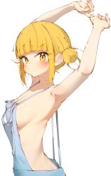 Rule 34 | 1girl, absurdres, armpits, arms up, bare shoulders, blonde hair, blunt bangs, blush, boku no hero academia, breasts, cleavage, collarbone, commentary, double bun, english commentary, from side, grey overalls, hair bun, highres, large breasts, looking at viewer, messy hair, naked overalls, overalls, parted lips, rasusurasu, short eyebrows, short hair with long locks, sideboob, sidelocks, simple background, solo, straight hair, toga himiko, tsurime, upper body, v-shaped eyebrows, white background, yellow eyes