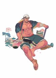 Rule 34 | 1boy, absurdres, affectionate, animal, animal on lap, artist painter, bandaged arm, bandages, bara, bare pectorals, belly, bucket, bulge, cat, cat on lap, chest hair, facial hair, fat rolls, feet, from above, full body, goatee, hachimaki, headband, highres, kuroshima kurishiro (muyi24108414), large pectorals, leg hair, long sideburns, male focus, muscular, muscular male, mustache stubble, navel, navel hair, nipple piercing, nipple rings, nipples, on lap, original, paint splatter, paintbrush, pants, pants rolled up, pectorals, piercing, rope, sandals, scar, scar on chest, seductive smile, short hair, sideburns, sitting, smile, soles, solo, spread legs, stomach, strongman waist, stubble, thick eyebrows, thick thighs, thighs, white background