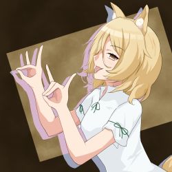 Rule 34 | 1girl, animal ears, blonde hair, blush, breasts, brown background, brown eyes, commentary request, double fox shadow puppet, finger touching, fox ears, fox girl, fox shadow puppet, fox tail, green ribbon, highres, kudamaki tsukasa, mandarin collar, open mouth, puffy short sleeves, puffy sleeves, ribbon, romper, short hair, short sleeves, simple background, small breasts, tail, tantalum, tongue, tongue out, touhou, two-tone background, upper body, white romper