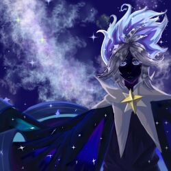 Rule 34 | 1boy, blue eyes, blue fire, blue hair, blue skin, capelet, colored skin, cookie run, fire, highres, humanization, light blue hair, looking at viewer, multicolored hair, short hair, solo, space, star (symbol), stardust cookie, two-tone hair, white capelet, white hair, xinjinjumin4185498