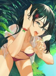 Rule 34 | 1girl, arm up, bikini, black hair, breasts, cleavage, collarbone, commentary request, food, grey eyes, hair between eyes, hair ornament, hairclip, hand in own hair, highres, holding, ice cream, long hair, looking at viewer, medium breasts, nature, navel, open clothes, open mouth, open shirt, oral invitation, original, outdoors, plant, red bikini, sexually suggestive, shirt, sitting, solo, swimsuit, tongue, tongue out, wangxiii, wet, wet clothes, wet shirt, white shirt