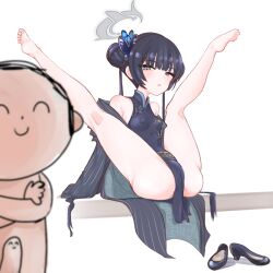 Rule 34 | 1boy, 1girl, ^ ^, doodle sensei (blue archive), ass, bare shoulders, barefoot, black hair, blue archive, blue eyes, blush, breasts, cameltoe, china dress, chinese clothes, cleft of venus, closed eyes, coat, covered erect nipples, dress, erection, hair bun, hair ornament, halo, high heels, highres, kisaki (blue archive), long hair, looking at viewer, off shoulder, parted lips, penis, sensei (blue archive), shiming liangjing, shoes, unworn shoes, single hair bun, sitting, small breasts, smile, spread legs, twintails