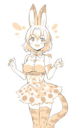 Rule 34 | 1girl, :d, animal ear fluff, animal ears, bare shoulders, blonde hair, blouse, bow, bowtie, breasts, brown eyes, elbow gloves, extra ears, fang, feet out of frame, gloves, hair between eyes, hands up, high-waist skirt, kemono friends, looking at viewer, medium breasts, muted color, open mouth, print bow, print bowtie, print gloves, print neckwear, print skirt, print thighhighs, saiste, serval (kemono friends), serval print, serval tail, shirt, short hair, simple background, sketch, skirt, sleeveless, sleeveless shirt, smile, solo, tail, thighhighs, traditional bowtie, white background, zettai ryouiki