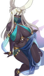 Rule 34 | 1girl, absurdres, animal ear fluff, animal ears, anklet, arabian clothes, barefoot, belly chain, bracelet, breasts, closed mouth, commentary, commission, dark-skinned female, dark skin, english commentary, fingernails, harem outfit, head chain, highres, huge breasts, jewelry, long hair, looking at viewer, mouth veil, navel, nia (nia4294), pelvic curtain, rabbit ears, revealing clothes, see-through, simple background, smile, solo, split mouth, veil, white background, white hair, yellow eyes
