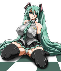Rule 34 | 1girl, bad anatomy, boots, breasts, checkered floor, covered erect nipples, detached sleeves, female focus, floor, green eyes, green hair, hatsune miku, headset, highres, huge breasts, huge nipples, impossible clothes, impossible shirt, long hair, matching hair/eyes, necktie, nipples, panties, puffy nipples, shirt, sitting, skirt, solo, striped clothes, striped panties, thick thighs, thigh boots, thighhighs, thighs, twintails, underwear, very long hair, vocaloid, white background, yukimaru (gojo)