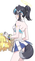 Rule 34 | 1girl, animal ears, black hair, blue archive, blush, bracelet, breasts, cowboy shot, crop top, dog ears, dog girl, dog tail, from side, goggles, goggles on head, halo, hibiki (blue archive), hibiki (cheer squad) (blue archive), high ponytail, highres, jewelry, looking at viewer, looking to the side, medium breasts, millennium cheerleader outfit (blue archive), parted lips, pom pom (cheerleading), simple background, skirt, solo, tail, vividnatadecoco, white background, white skirt