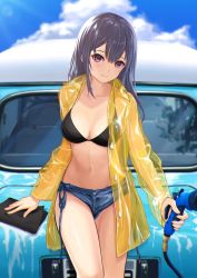 Rule 34 | 1girl, bikini, bikini top only, bikini under clothes, black bikini, black hair, blue sky, blush, breasts, car, cleaning, cleavage, closed mouth, cloud, collarbone, day, deca purio, denim, denim shorts, highres, lens flare, long hair, long sleeves, looking at viewer, medium breasts, micro shorts, motor vehicle, open clothes, original, outdoors, purple eyes, raincoat, see-through, short shorts, shorts, sky, smile, solo, standing, stomach, string bikini, swimsuit, thighs, unbuttoned, washing vehicle