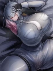 Rule 34 | 1girl, arm up, armpits, bed, breasts, canvassolaris, clothes, expressionless, female focus, green eyes, grey hair, highres, huge breasts, kemono friends, large breasts, long hair, looking at viewer, lying, on bed, shoebill (kemono friends), solo