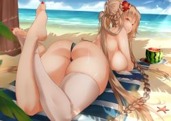 Rule 34 | 1girl, ass, azur lane, backboob, bare shoulders, barefoot, beach, bikini, blanket, blue bikini, blue sky, braid, braided bun, breast press, breasts, choker, commentary, curvy, day, double bun, english commentary, feet, flower, food, formidable (azur lane), formidable (the lady of the beach) (azur lane), fruit, hair bun, hair flower, hair ornament, highres, huge ass, large breasts, light brown hair, long hair, looking back, lying, multi-strapped bikini, nail polish, ocean, on stomach, outdoors, pink choker, red eyes, red nails, silver hair, single thighhigh, skindentation, sky, solo, sweat, swimsuit, thick thighs, thighhighs, thighs, toeless legwear, toenail polish, toenails, toes, tree, twintails, very long hair, water, watermelon, waves, zasshu