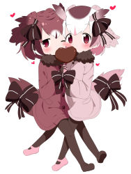 Rule 34 | 10s, 2girls, adapted costume, blush, bow, cheek-to-cheek, chocolate, coat, eurasian eagle owl (kemono friends), food in mouth, fur collar, gloves, head wings, heads together, heart, heart-shaped pupils, highres, holding hands, interlocked fingers, kemono friends, leg between thighs, long sleeves, looking at viewer, makuran, mouth hold, multicolored hair, multiple girls, northern white-faced owl (kemono friends), one eye closed, pantyhose, short hair, simple background, symbol-shaped pupils, white background, wings