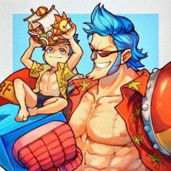 Rule 34 | 2boys, abs, age comparison, aged down, aokamei, bara, bare pectorals, child, chin, cyborg, franky (one piece), grin, hawaiian shirt, large pectorals, long sideburns, male focus, multiple boys, muscular, muscular male, one piece, open clothes, open shirt, pectorals, scar, scar on chest, shirt, short hair, sideburns, smile, spiked hair, sunglasses, thousand sunny, time paradox
