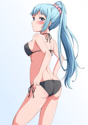 Rule 34 | 1girl, ass, bikini, black bikini, blue hair, blush, breasts, closed mouth, commentary request, from behind, hair ornament, hair scrunchie, high ponytail, highres, kawasaki saki, konoyan, large breasts, long hair, looking at viewer, looking back, pink scrunchie, ponytail, purple eyes, scrunchie, sideboob, simple background, solo, standing, swimsuit, white background, yahari ore no seishun lovecome wa machigatteiru.