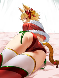 Rule 34 | 1girl, absurdres, anal tail, animal ears, artist request, ass, ass focus, bad id, bad pixiv id, bikini, blonde hair, blush, bow, butt plug, cameltoe, capelet, cat ears, cat tail, christmas, embarrassed, fake tail, from behind, from below, genshin impact, hair bow, half-closed eyes, highres, looking at viewer, looking down, lumine (genshin impact), lying, on stomach, panties, red eyes, red panties, santa costume, short hair, solo, swimsuit, tail, thighhighs, thighs, underwear