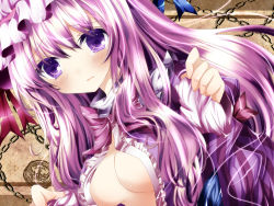 Rule 34 | 1girl, bad id, bad pixiv id, blush, breasts, chain, cleavage, dress, female focus, hat, large breasts, nanase nao, open clothes, open dress, patchouli knowledge, purple dress, purple eyes, purple hair, solo, tears, touhou, upper body