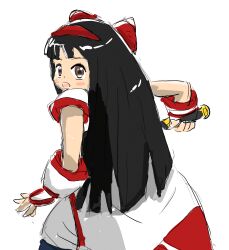 Rule 34 | 1girl, ainu clothes, ass, black hair, brown eyes, fighting stance, hair ribbon, highres, legs, long hair, looking at viewer, looking back, nakoruru, oekaki, open mouth, pants, ribbon, samurai spirits, snk, solo, the king of fighters, thighs, weapon