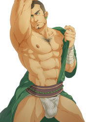 Rule 34 | 1boy, abs, armpits, bandaged arm, bandages, bara, bare pectorals, bulge, buzz cut, chest hair, earrings, facial hair, feet out of frame, frown, goatee, green eyes, green kimono, japanese clothes, jewelry, kimono, large pectorals, loincloth, looking to the side, male focus, male underwear, mature male, muscular, muscular male, navel, navel hair, nipples, open clothes, open kimono, original, pectorals, print male underwear, short hair, sideburns, solo, stomach, striped, textless version, thick thighs, thighs, underwear, undressing, very short hair, white male underwear, xiawenjie