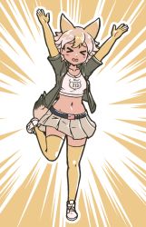 Rule 34 | &gt; &lt;, 1girl, acesrulez, american flag, arms up, beige skirt, belt, blonde hair, blush, collarbone, coyote (kemono friends), wolf ears, wolf tail, crop top, elbow gloves, extra ears, gloves, green jacket, hair between eyes, jacket, kemono friends, kemono friends 3, midriff, navel, open mouth, pleated skirt, shirt, shoes, short hair, short sleeves, skirt, sneakers, solo, standing, standing on one leg, thighhighs, white footwear, white shirt, yellow gloves, yellow thighhighs, zettai ryouiki