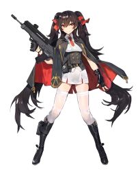 Rule 34 | 1girl, assault rifle, belt, black gloves, black hair, boots, boots holster, brown eyes, bullpup, buttons, cape, closed mouth, eyebrows, fingerless gloves, full body, girls&#039; frontline, gloves, gun, hair between eyes, hair ribbon, highres, holding, holding gun, holding weapon, holster, kishiyo, long hair, long twintails, looking at viewer, necktie, official art, personification, pleated skirt, qbz-97, red ribbon, ribbon, rifle, skirt, smile, solo, standing, strap, thighhighs, transparent background, trigger discipline, twintails, type 97 (girls&#039; frontline), very long hair, weapon, white thighhighs