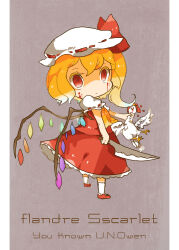 Rule 34 | 1girl, animal, ascot, bird, blood, blood on face, bloody tears, character name, chicken, close-up, english text, flandre scarlet, from side, full body, grey background, hat, hat ribbon, highres, holding, holding animal, holding knife, imminent death, knife, looking at viewer, looking to the side, medium hair, multicolored wings, one side up, pillarboxed, red eyes, red footwear, red ribbon, red skirt, red vest, ribbon, ribbon-trimmed headwear, ribbon-trimmed sleeves, ribbon trim, shirt, sicure, simple background, skirt, socks, solo, standing, touhou, vest, white hat, white shirt, white socks, wings, yellow ascot