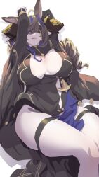 Rule 34 | 1girl, animal ears, black dress, blindfold, breasts, brown hair, cleavage, cleavage cutout, clothing cutout, dress, extra ears, galleon (granblue fantasy), galleon (life&#039;s compassionate observer) (granblue fantasy), granblue fantasy, horns, ion (cation), large breasts, licking lips, long hair, long sleeves, multicolored hair, official alternate costume, pointy ears, solo, streaked hair, swept bangs, thick thighs, thigh strap, thighs, tongue, tongue out
