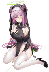 Rule 34 | + +, 1girl, black footwear, blush, breasts, closed mouth, commentary, full body, garter straps, green eyes, green nails, hair between eyes, halo, hand on own chest, high heels, highres, horns, large breasts, long hair, looking at viewer, nail polish, original, pelvic curtain, purple hair, ru zhai, see-through, short sleeves, sitting, solo, string, string of fate, thighhighs, veil, very long hair, wariza, white thighhighs, zipper