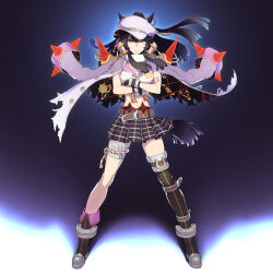 Rule 34 | 1girl, animal ears, asymmetrical footwear, bandaged leg, bandages, belt, black footwear, black hair, black skirt, boots, breasts, chest sarashi, closed mouth, coat, coat on shoulders, crop top, crossed arms, cuffs, ears through headwear, fingerless gloves, full body, gloves, gunbuster pose, hat, high collar, highres, horse ears, horse girl, horse tail, kill la kill, long hair, looking at viewer, midriff, miniskirt, mouth hold, narita brian (umamusume), navel, peaked cap, plaid, plaid skirt, ponytail, rope, sarashi, shimenawa, single thigh boot, skirt, small breasts, solo, stalk in mouth, tail, tenkey2022, thigh boots, umamusume, uneven footwear, white coat, yellow eyes