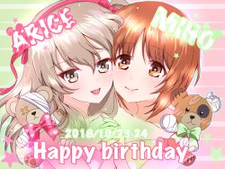 Rule 34 | 10s, 2girls, bandages, bandaid, bare shoulders, boko (girls und panzer), brown eyes, brown hair, character name, closed mouth, dated, dress, english text, face-to-face, girls und panzer, green background, hair ribbon, happy birthday, holding, holding hands, holding stuffed toy, interlocked fingers, light brown hair, lips, long hair, long sleeves, multiple girls, nishizumi miho, off-shoulder dress, off shoulder, open mouth, pamchapyuzu, pink background, pink dress, pink ribbon, ribbon, shimada arisu, short hair, side ponytail, smile, star (symbol), striped, striped background, stuffed animal, stuffed toy, symmetrical hand pose, teddy bear