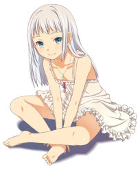 Rule 34 | 1girl, barefoot, between legs, chemise, feet, flat chest, frills, hand between legs, indian style, jewelry, mattaku mousuke, necklace, original, silver hair, simple background, sitting, skirt, smile, soles, solo, toes, v arms, white background, white skirt