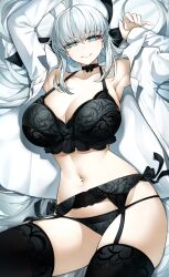 Rule 34 | 1girl, absurdres, black bow, black bra, black panties, blue eyes, bow, bra, braid, breasts, casul, choker, cleavage, fate/grand order, fate (series), french braid, garter belt, garter straps, highres, large breasts, lingerie, long sleeves, looking at viewer, lying, morgan le fay (fate), navel, on back, open clothes, open shirt, panties, ponytail, print bra, shirt, smile, solo, thighhighs, underwear, white shirt