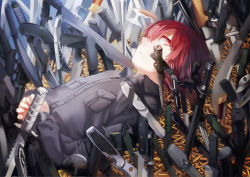 Rule 34 | 1boy, breast pocket, colored eyelashes, frown, highres, interlocked fingers, knife, looking at viewer, lying, male focus, on back, original, own hands together, pocket, red eyes, red hair, rff (3 percent), shell casing, solo, sword, upper body, weapon