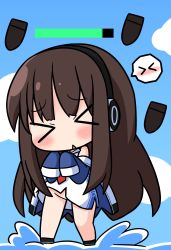 Rule 34 | &gt; &lt;, 1girl, :&lt;, absurdres, azur lane, bare shoulders, black footwear, blue dress, blue sky, blush, bomb, brown hair, chibi, closed eyes, clothes lift, cloud, commentary request, day, dress, dress lift, explosive, facing viewer, full body, gameplay mechanics, groin, hana kazari, head tilt, headphones, health bar, highres, lifting own clothes, long hair, long island (azur lane), long sleeves, necktie, no panties, outdoors, parted lips, red necktie, sky, sleeves past fingers, sleeves past wrists, solo, standing, standing on liquid, triangle mouth, very long hair, water