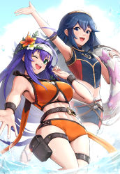 Rule 34 | 2girls, ;d, absurdres, ahoge, armpits, bare shoulders, belt, bikini, blue bikini, blue eyes, blue hair, blush, breasts, clothing cutout, day, dutch angle, feet out of frame, fire emblem, fire emblem: path of radiance, fire emblem: radiant dawn, fire emblem awakening, fire emblem cipher, fire emblem heroes, flat chest, flower, glint, gluteal fold, gonzarez, green eyes, hair flower, hair ornament, hairband, hibiscus, highres, innertube, jumping, large breasts, lens flare, long hair, looking at viewer, lucina (fire emblem), mia (fire emblem), multiple girls, navel, nintendo, official alternate costume, one eye closed, open mouth, orange bikini, orange flower, outdoors, pouch, purple hair, shorts, simple background, smile, splashing, standing, sunlight, swim ring, swimsuit, symbol-shaped pupils, thigh pouch, thigh strap, thighhighs, thighs, tiara, underboob, underboob cutout, very long hair, water, wet, white background, white hairband, wristband