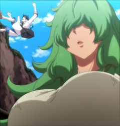 Rule 34 | 1boy, 1girl, breasts, dione nephilim, giant, giantess, glenn litbeit, green hair, highres, large breasts, monster musume no oisha-san