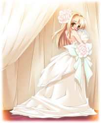 Rule 34 | back, bare shoulders, blonde hair, bride, dress, flower, gown, long hair, looking back, ootsuki ren, solo, wedding dress