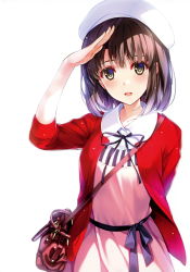 Rule 34 | 1girl, absurdres, bag, beret, blush, bob cut, bow, bowtie, brown hair, buttons, collarbone, dress, fingernails, hand up, handbag, hat, highres, jacket, katou megumi, long sleeves, looking at viewer, misaki kurehito, official art, open clothes, open jacket, open mouth, red jacket, ribbon, saenai heroine no sodatekata, salute, simple background, smile, solo, upper body, white background, white hat