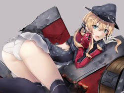 Rule 34 | 10s, 1girl, aqua eyes, ass, bad id, bad pixiv id, black thighhighs, blonde hair, blush, breasts, cameltoe, camouflage, damaged, gloves, grey background, hat, kantai collection, long sleeves, looking at viewer, military, military uniform, miniskirt, open mouth, panties, peaked cap, pleated skirt, pokimari, prinz eugen (kancolle), remodel (kantai collection), simple background, skirt, small breasts, solo, thighhighs, torn clothes, trefoil, underwear, uniform, white gloves, white panties, white skirt