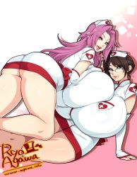 Rule 34 | 2girls, :o, agawa ryou, arm support, artist name, ass, blue eyes, breast press, breasts, brown hair, curvy, detached sleeves, female focus, gigantic breasts, glasses, gradient background, green eyes, hat, huge ass, lips, lipstick, long hair, looking at viewer, makeup, multiple girls, nurse, open mouth, parted lips, pink hair, plump, purple hair, shiny skin, short hair, sitting, smile, symmetrical docking, thick thighs, thighs, watermark, web address, wide hips, yellow eyes, yuri