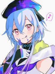 Rule 34 | 1boy, :q, arknights, bad id, bad twitter id, black gloves, black ribbon, blue hair, blue hat, blue neckerchief, blush, clothing cutout, crossed bangs, eighth note, elbow gloves, food, food on face, gloves, hair between eyes, hair ribbon, hat, highres, jacket, licking lips, looking at viewer, male focus, mizuki (arknights), mmm ma pmpm, multicolored hair, musical note, neckerchief, pink eyes, pink hair, ribbon, short hair with long locks, shoulder cutout, simple background, smile, solo, spoken musical note, streaked hair, tongue, tongue out, trap, upper body, white background, white jacket